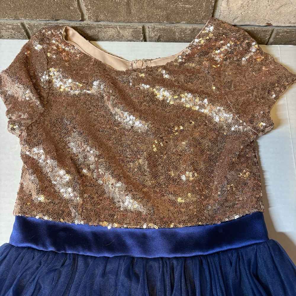 NeeSees Dress Boutique Gold Blue Sequin Tulle Modest Dress Women's Sz S A3598 - Picture 2 of 6
